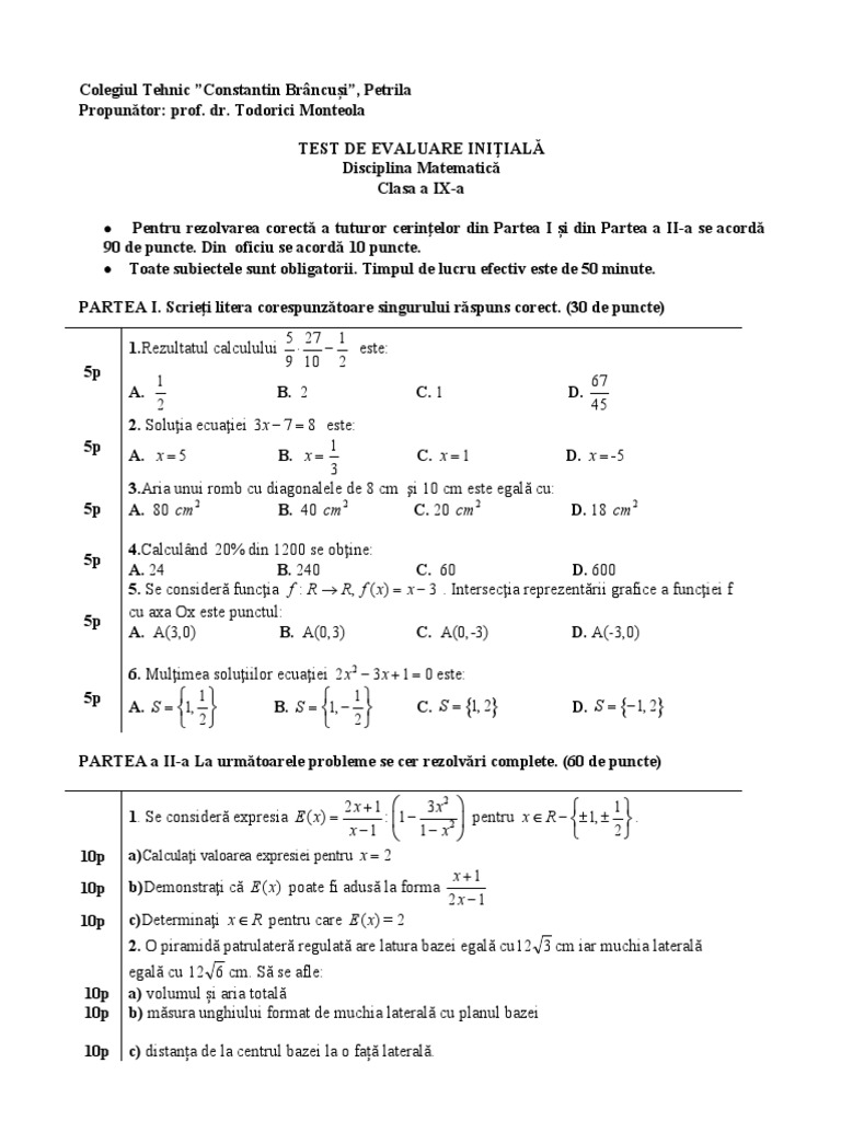 Test de Evaluare Initiala Clasa A Ix A | PDF