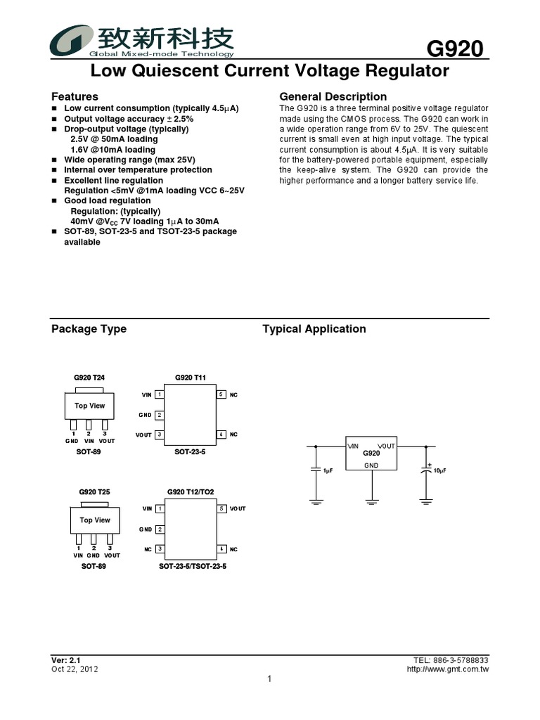 G920 Low Quiescent Current Regulator | PDF | Computer Engineering ...