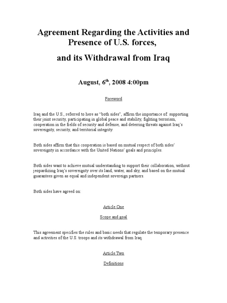 Iraq US Status Of US Force Presence Agreement Draft Iraq United