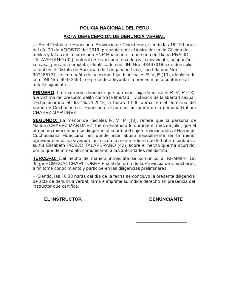 Acta de Denuncia Por Violacion Sexual Descargar gratis PDF