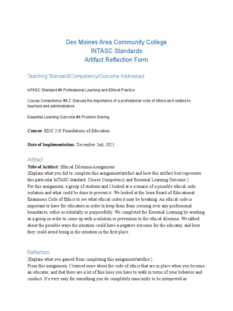 Intasc Reflection Ethics Assignment | PDF | Career & Growth