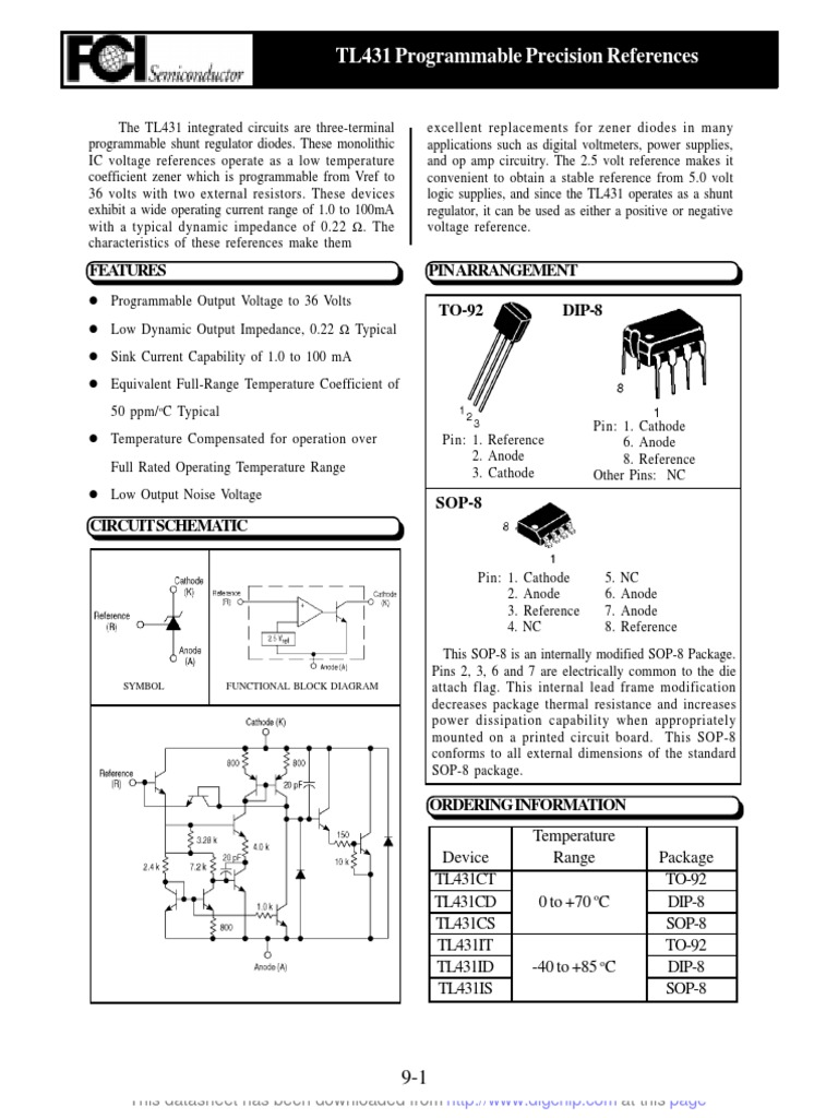 TL431 Programmable Precision References: Features TO-92 Pin Arrangement