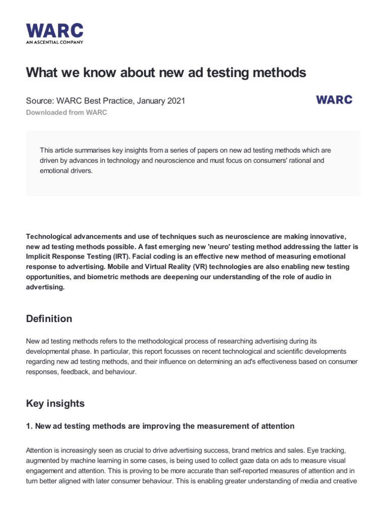 What We Know About New Ad Testing Methods: Source: WARC Best Practice ...