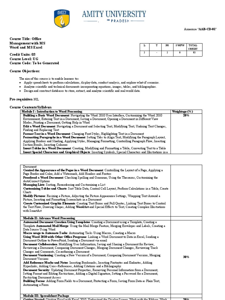 Office Management: MS Word & Excel Syllabus | PDF | Microsoft Excel ...