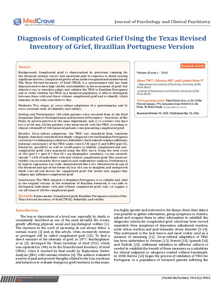 Diagnosis of Complicated Grief Using The Texas Revised Inventory of ...
