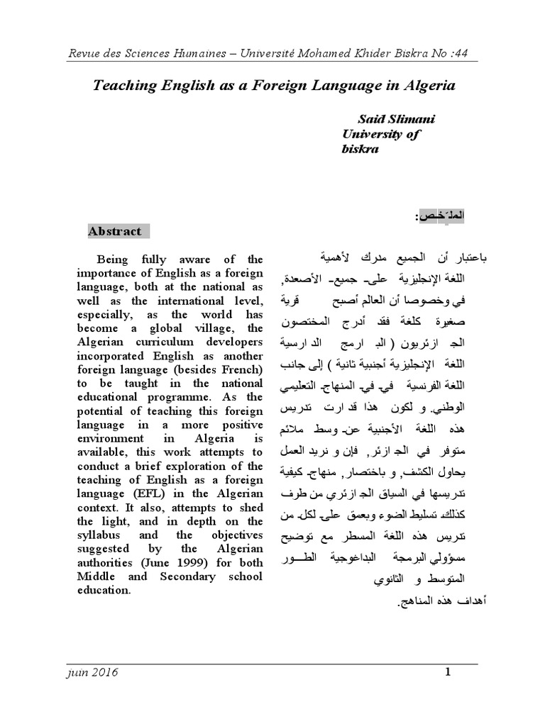 Teaching English as a Foreign Language in Algeria An Exploration of