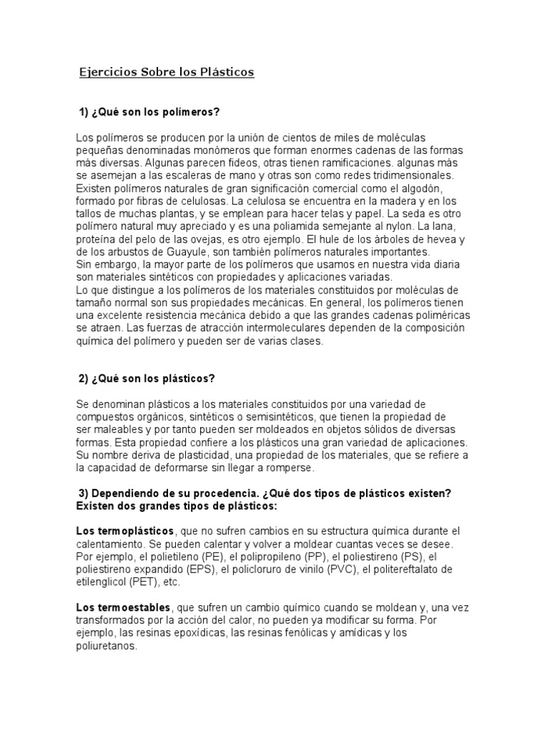 Ejercicios sobre Polímeros y Plásticos | PDF | El plastico | Polímeros