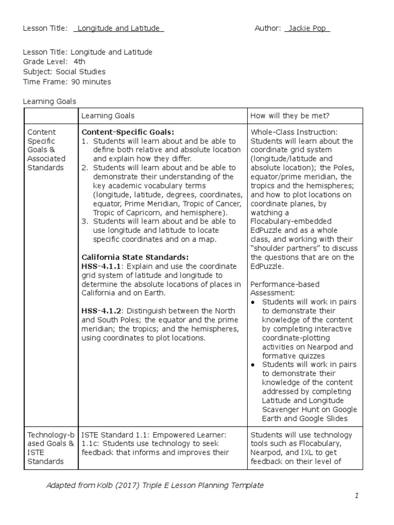 Content-Specific Goals:: Adapted From Kolb (2017) Triple E Lesson