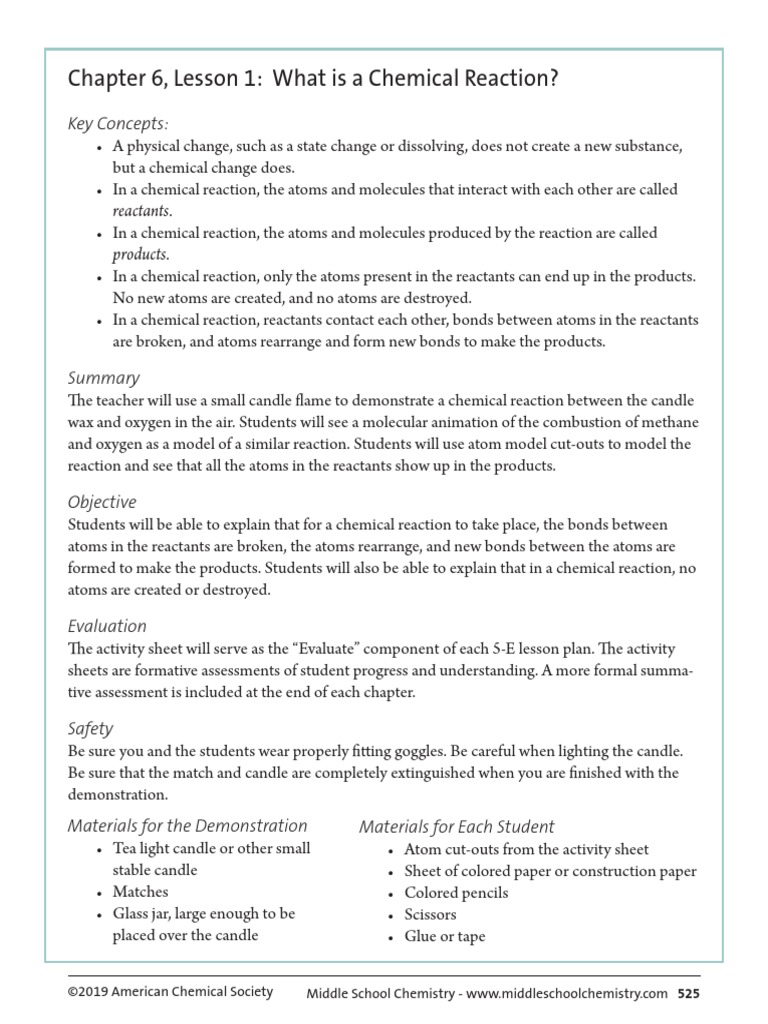 Chapter 6, Lesson 1: What Is A Chemical Reaction?: Key Concepts | PDF ...
