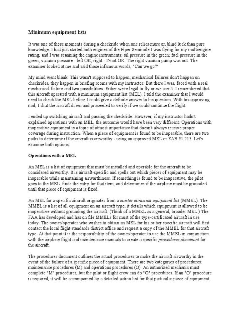 Minimum Equipment Lists PDF Aircraft Aeronautics