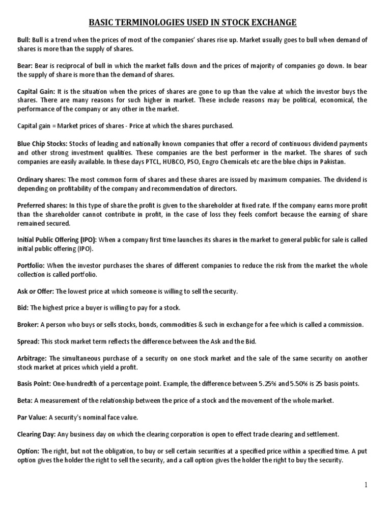 Basic Terminologies Used in Stock Exchange | PDF | Stocks | Securities