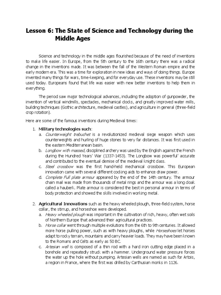 Lesson 6 The State of Science and Technology During The Middle Ages