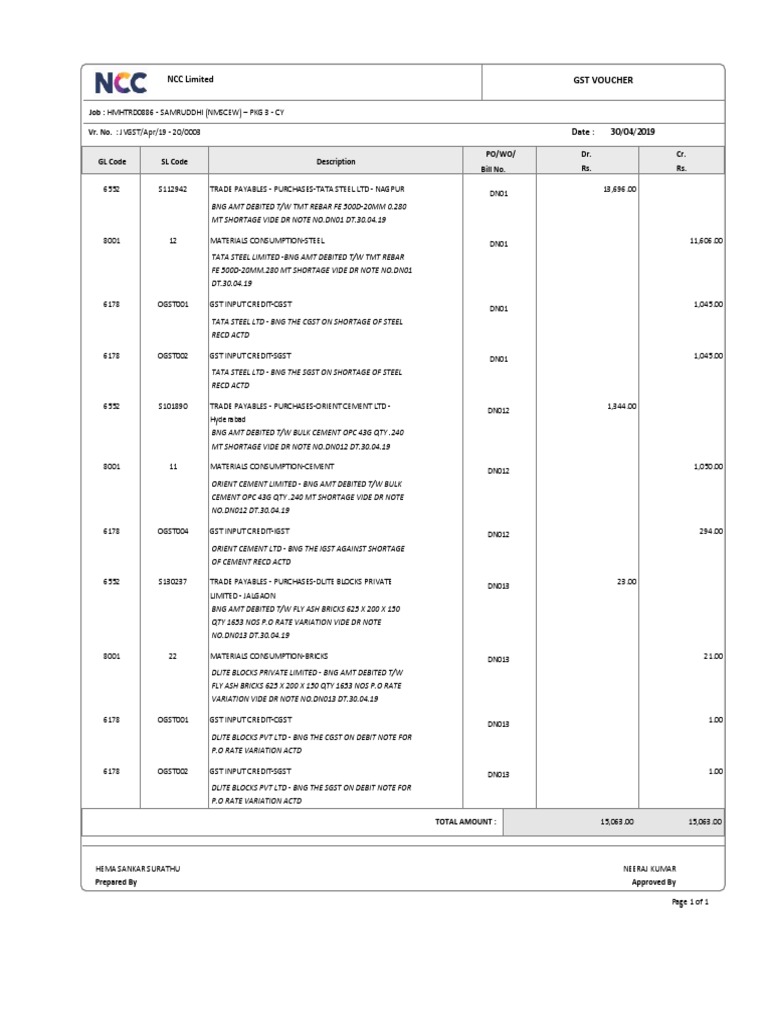Cement Debit Note Journal Voucher | PDF | Materials | Economic Sectors