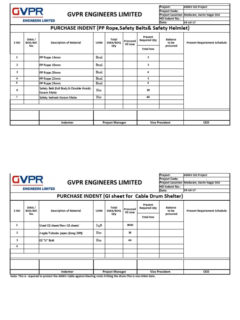GVPR Engineers Limited PURCHASE INDENT (PP Rope, Safety Belts& Safety