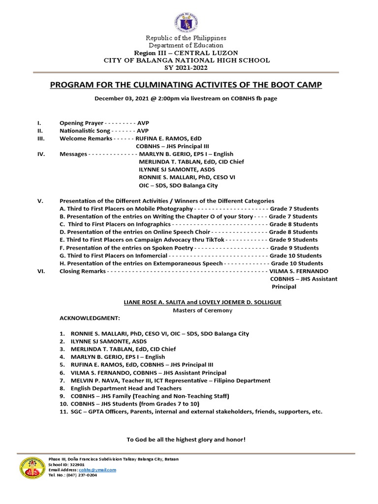 Program For The Culminating Activities of The Boot Camp | PDF | Foreign ...