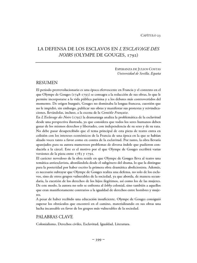 La Defensa de Los Esclavos en L'esclavage Des Noirs (Olympe de Gouges ...