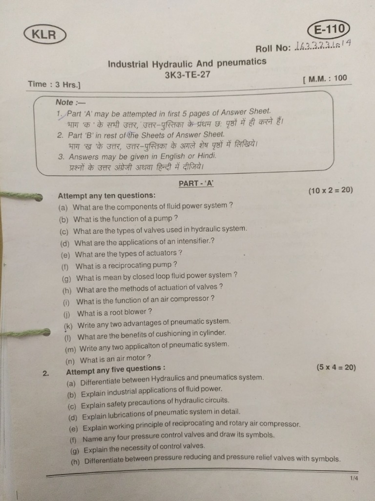 Hydraulic and Pneumatic Questions Paper PDF Valve Hydraulic