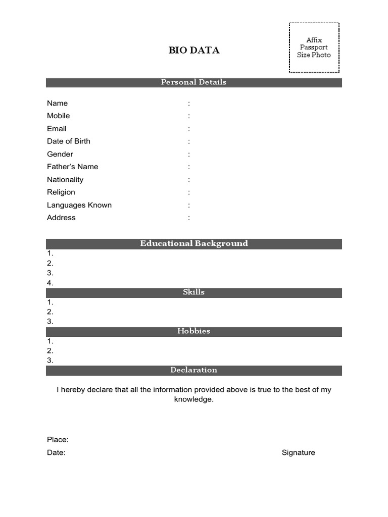 Fresher Biodata Format Template | PDF