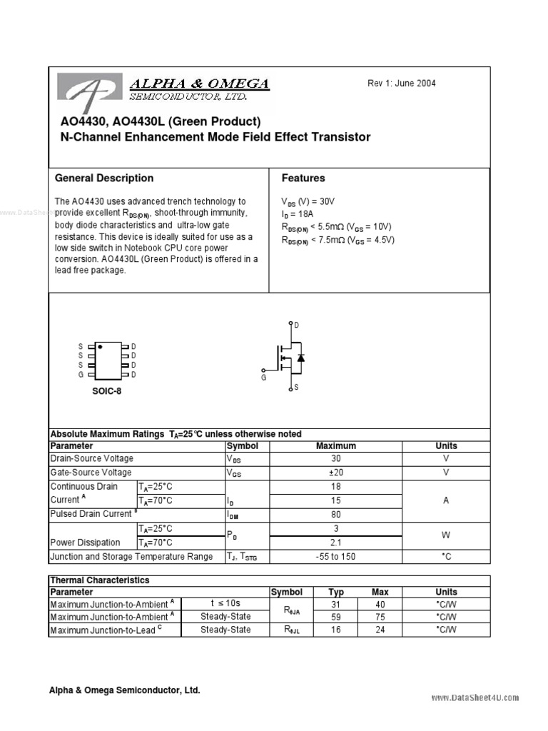 AO4430, AO4430L (Green Product) N-Channel Enhancement Mode Field Effect ...