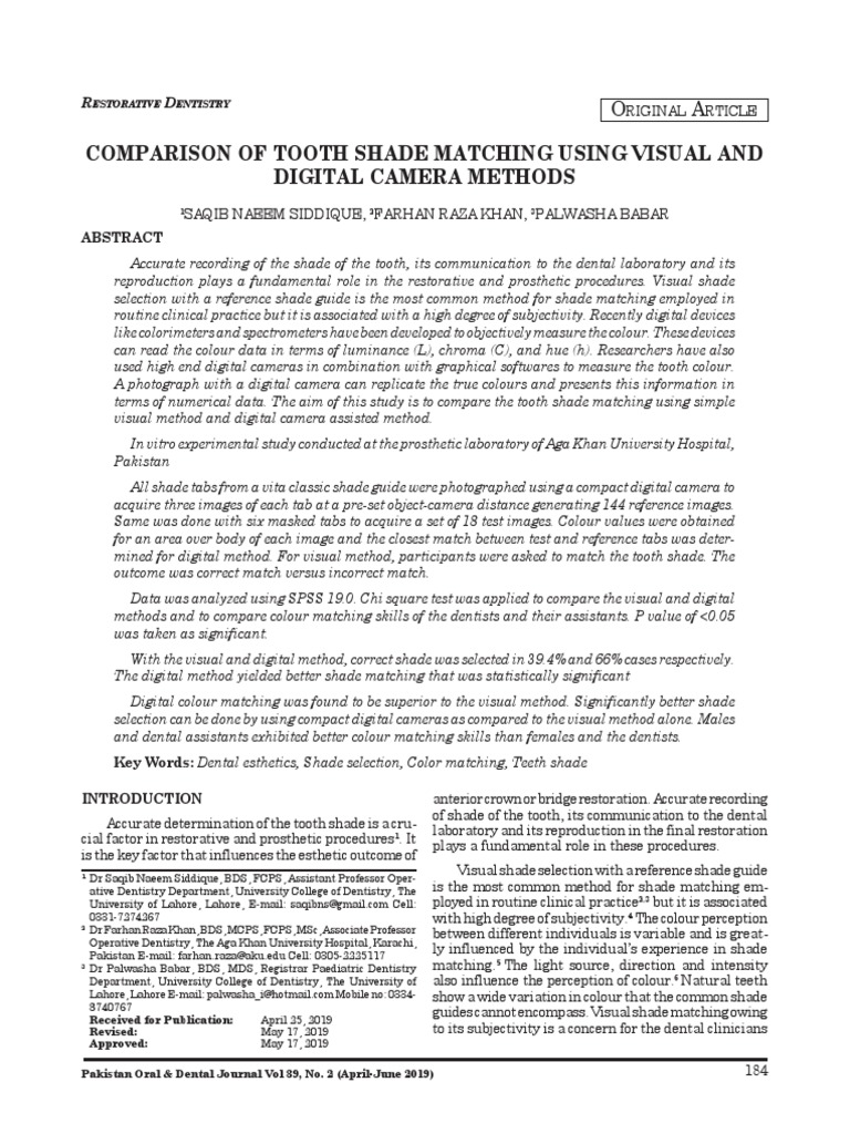 Comparison of Tooth Shade Matching Using Visual and Digital Camera ...