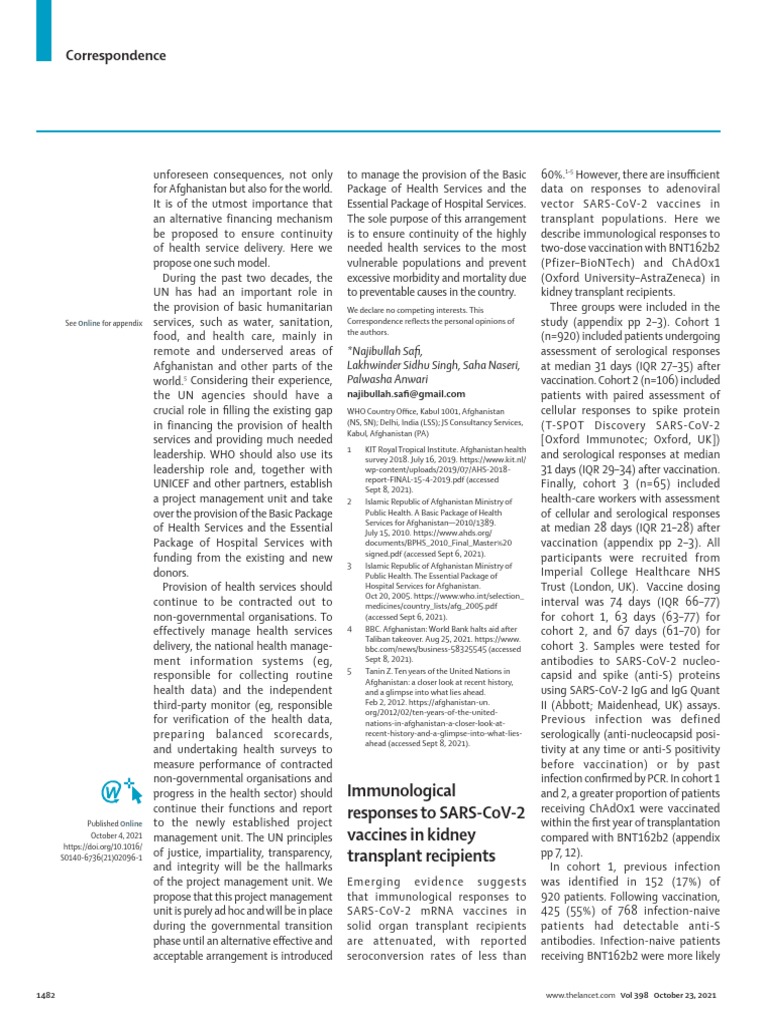 Immunological Responses To Sars Cov 2 Vaccines in Kidney Trnasplant ...