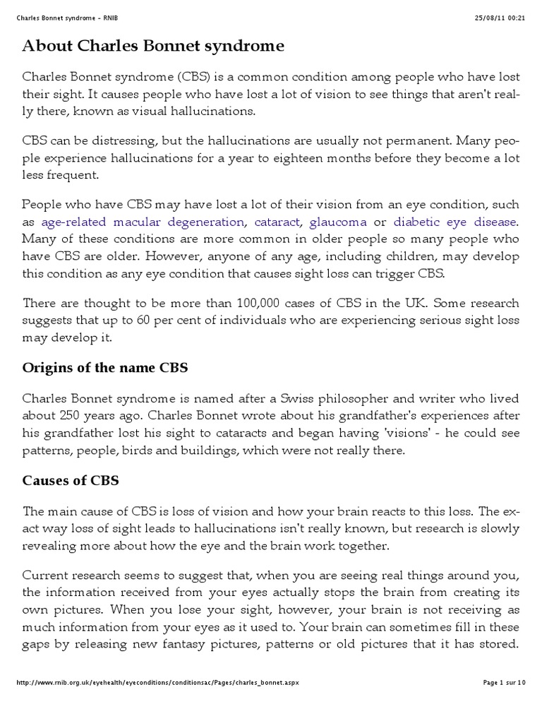 Charles Bonnet Syndrome - RNIB | PDF | Visual Impairment | Hallucination