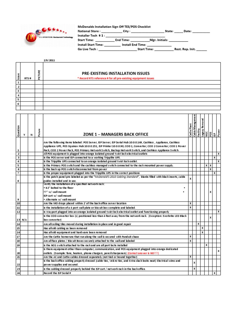 McDonalds Installation Sign Off Checklist vs 5 0 Mod 020911 Ac Power Plugs And Sockets