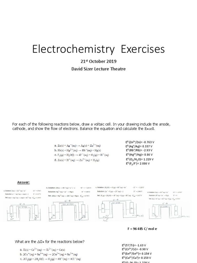 Electrochemistry Exercises Solutions PDF Electrochemistry