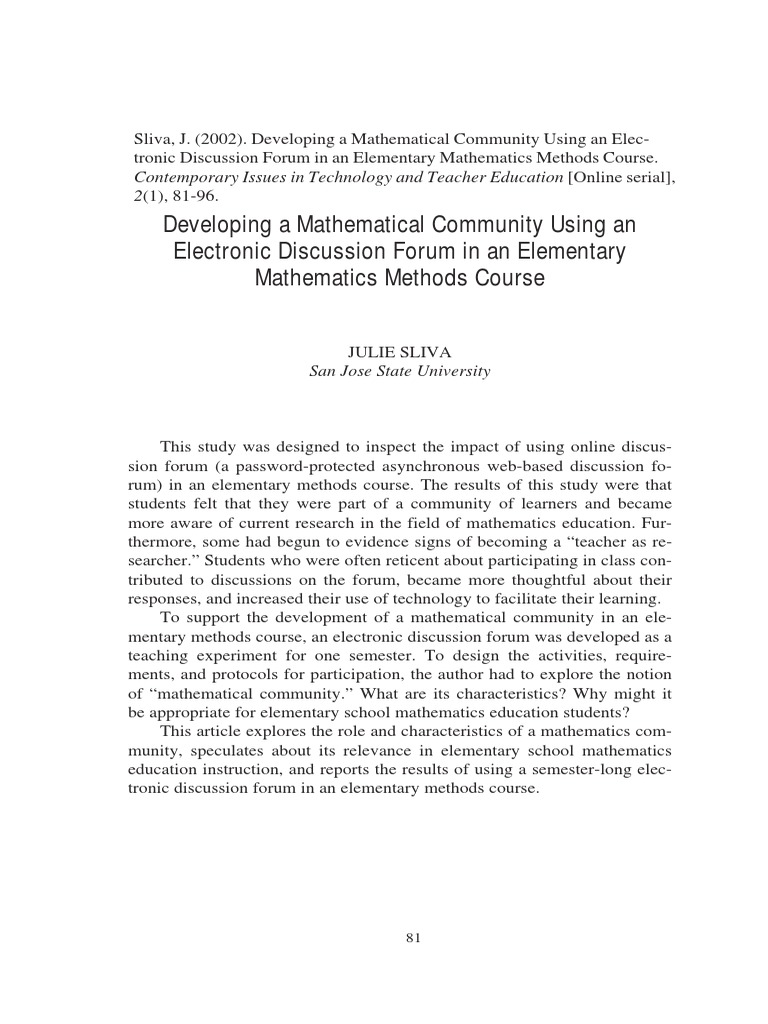 Developing A Mathematical Community Using An Electronic Discussion Forum in An Elementary