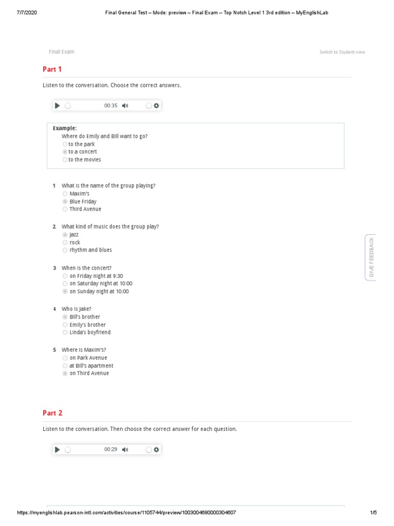 Final General Test Mode Preview Final Exam Top Notch Level 1 3rd Edition MyEnglishLab