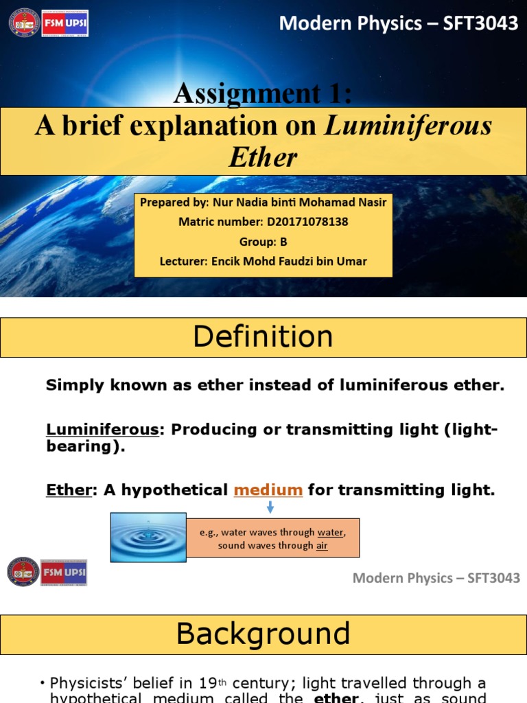 Assignment 1 A Brief Explanation On Luminiferous Modern Physics