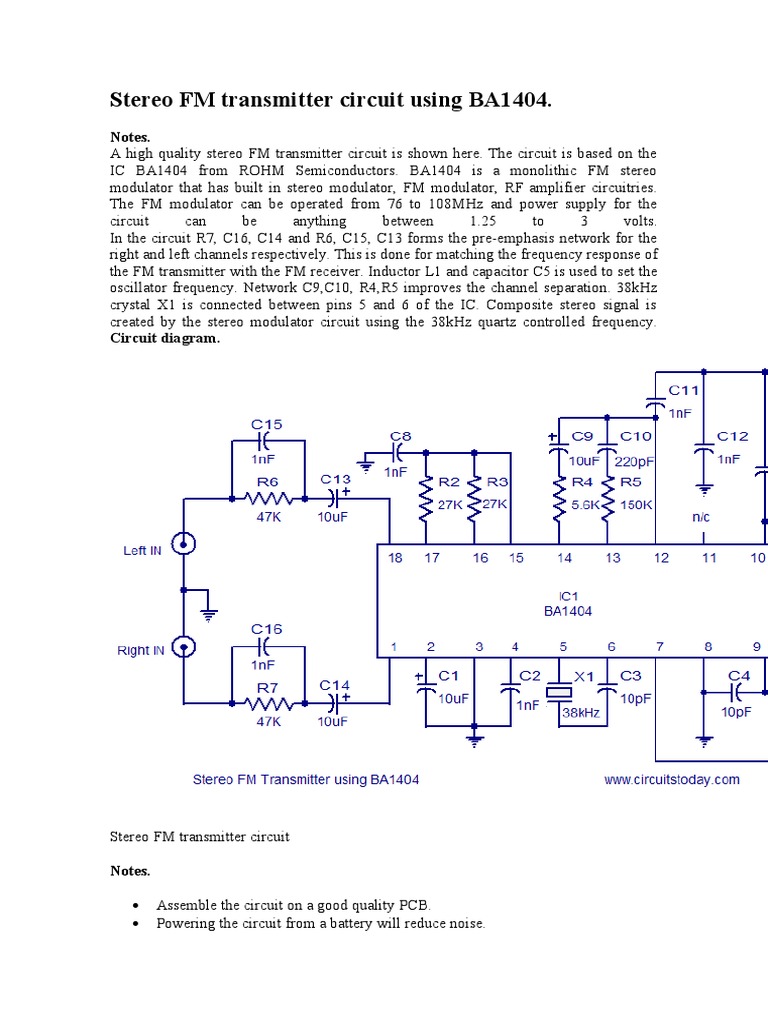 BA1404 Stereo FM Transmitter Circuit | PDF | Science & Mathematics