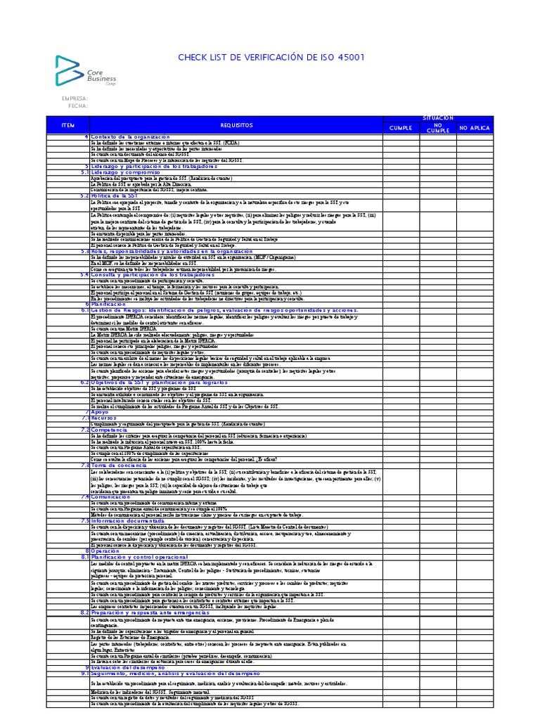 Lista De Verificacion Iso 45001 Excel