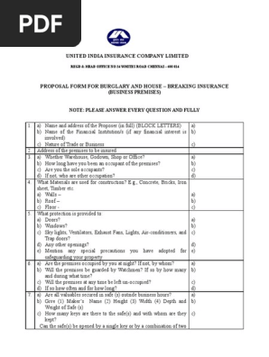 Burglary Insurance Proposal Form