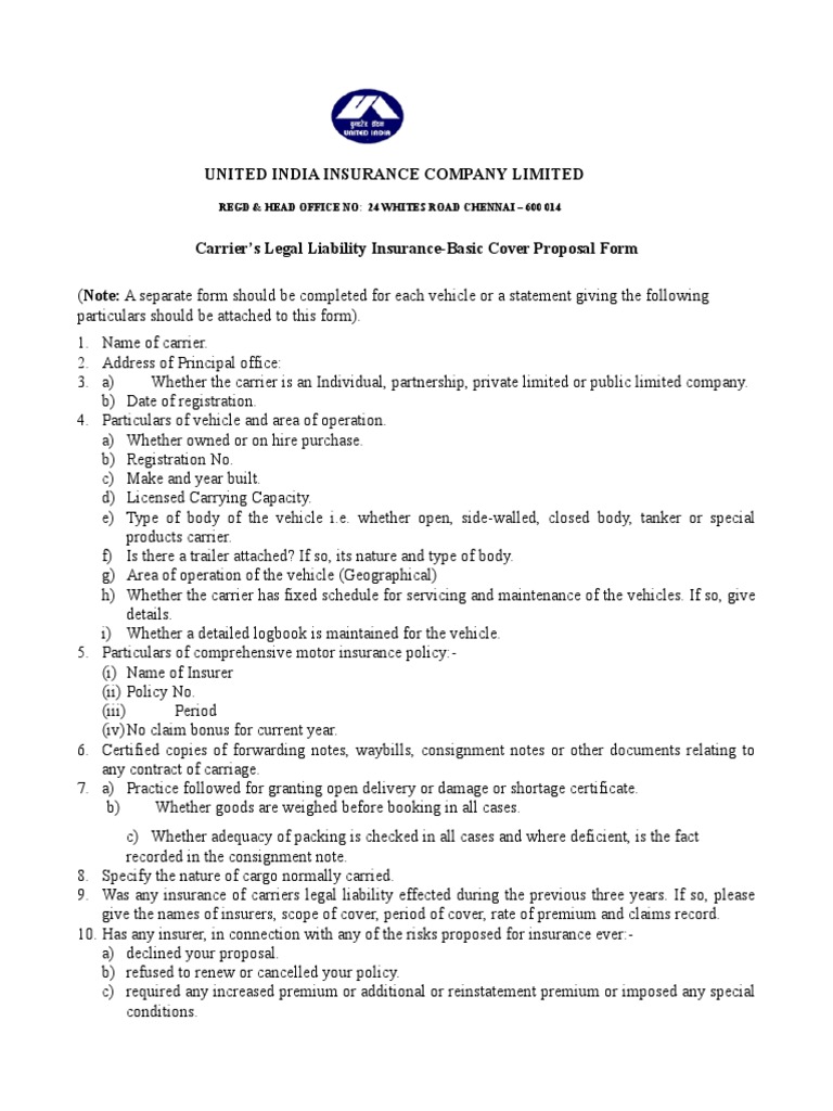 Carrier's Legal Liability Insurance Form | PDF | Insurance | Bill Of Lading