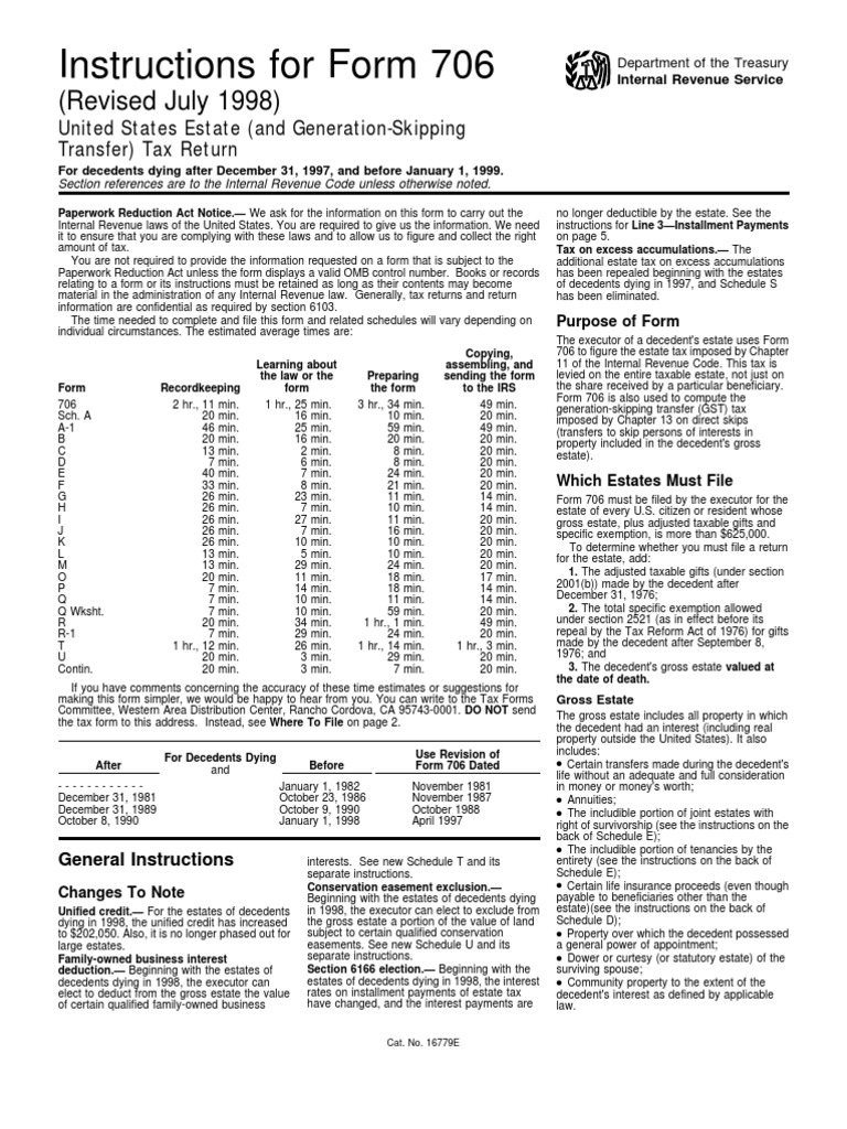 Form 706 Instructions for Estate Tax | PDF | Estate Tax In The United ...