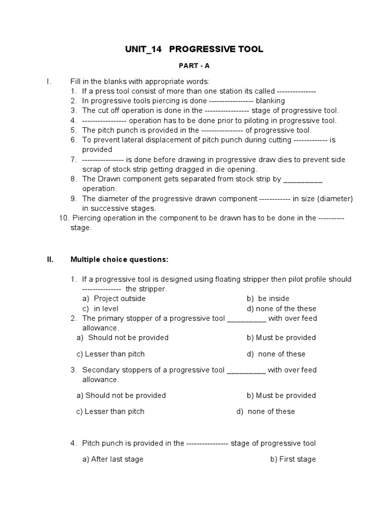 Unit - 14 Progressive Tool: II. Multiple Choice Questions | PDF ...