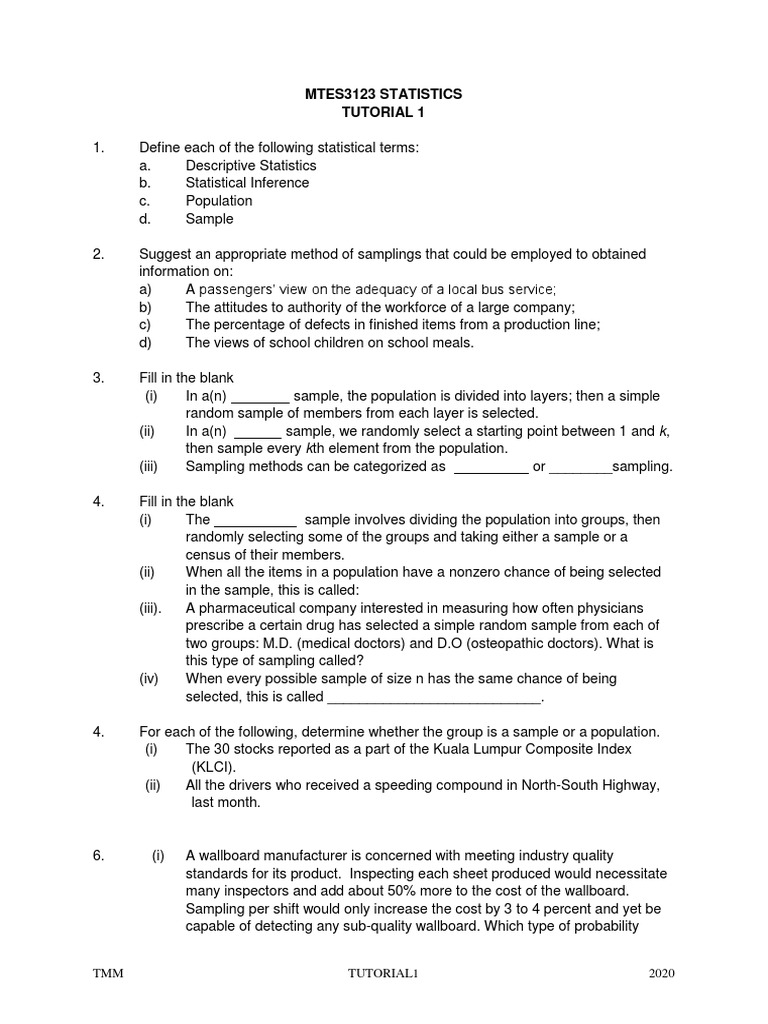 Mtes3123 Statistics Tutorial 1 | PDF | Sampling (Statistics) | Statistics