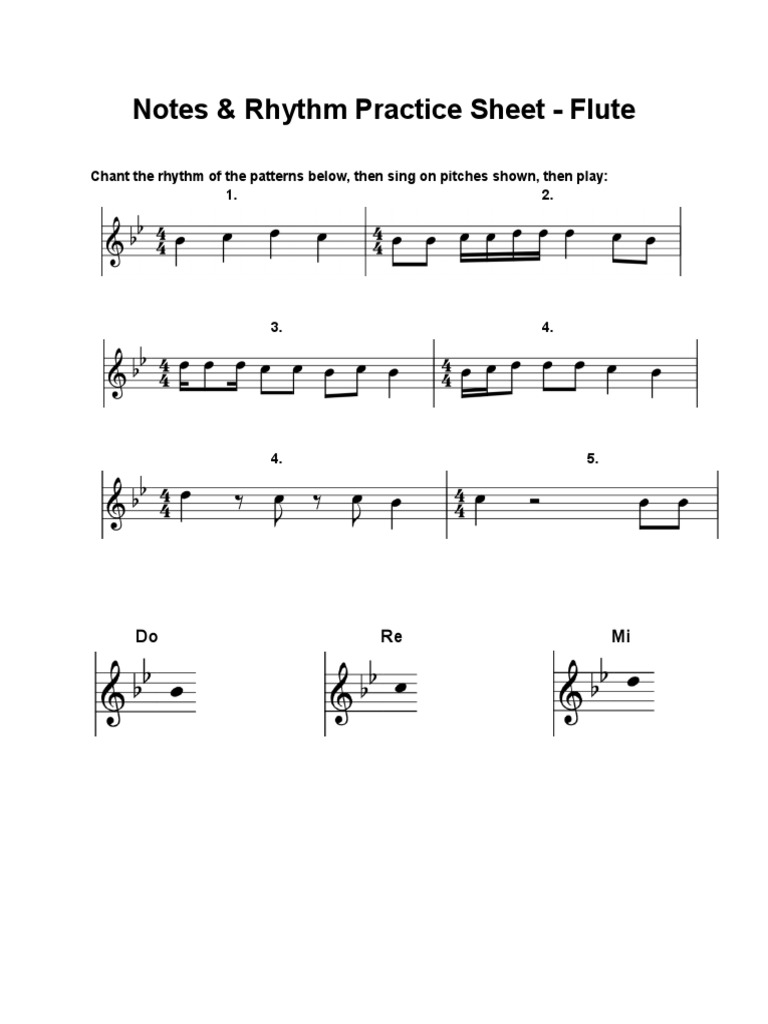 Notes & Rhythm Practice Sheet Flute PDF Rhythm Elements Of Music
