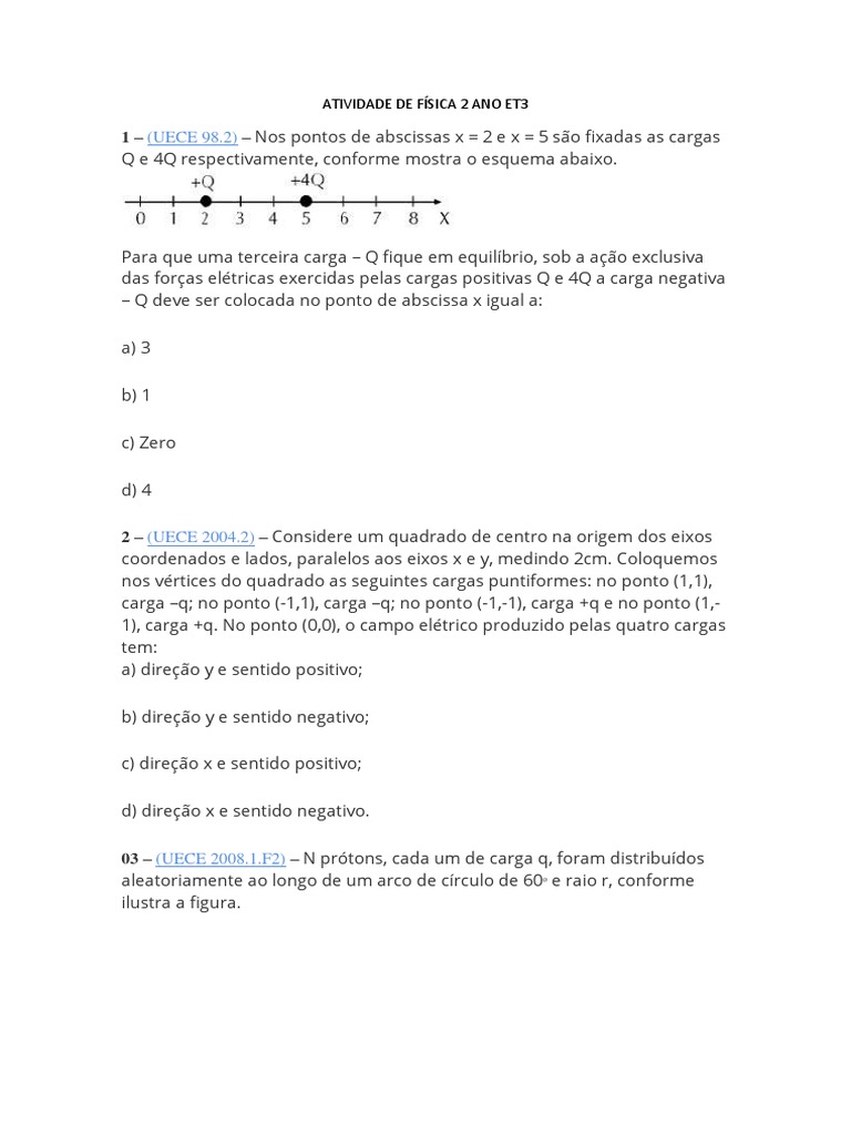 Questões sobre cargas elétricas, campos elétricos e forças eletrostáticas PDF Carga elétrica