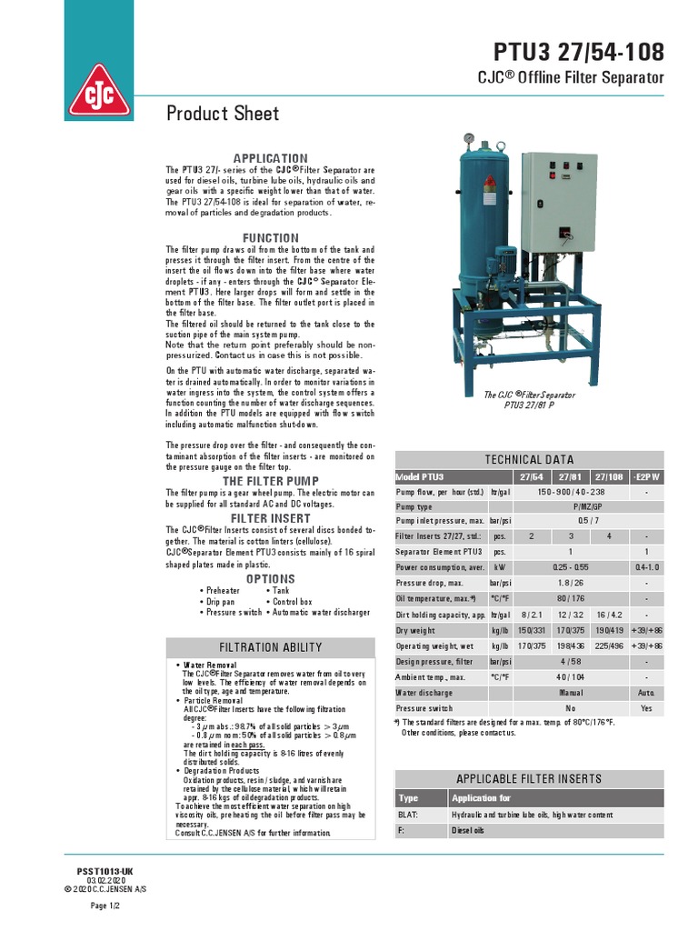 Product Sheet: CJC® Offline Filter Separator | PDF | Pump | Filtration