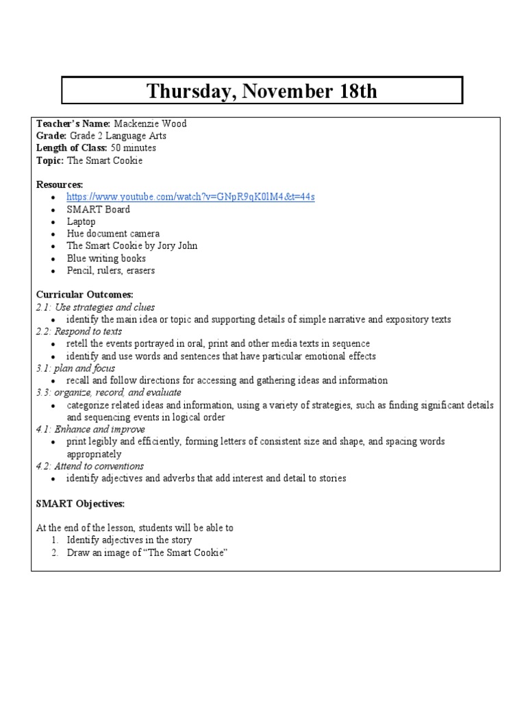 The Smart Cookie Lesson Plan PDF Books Communication