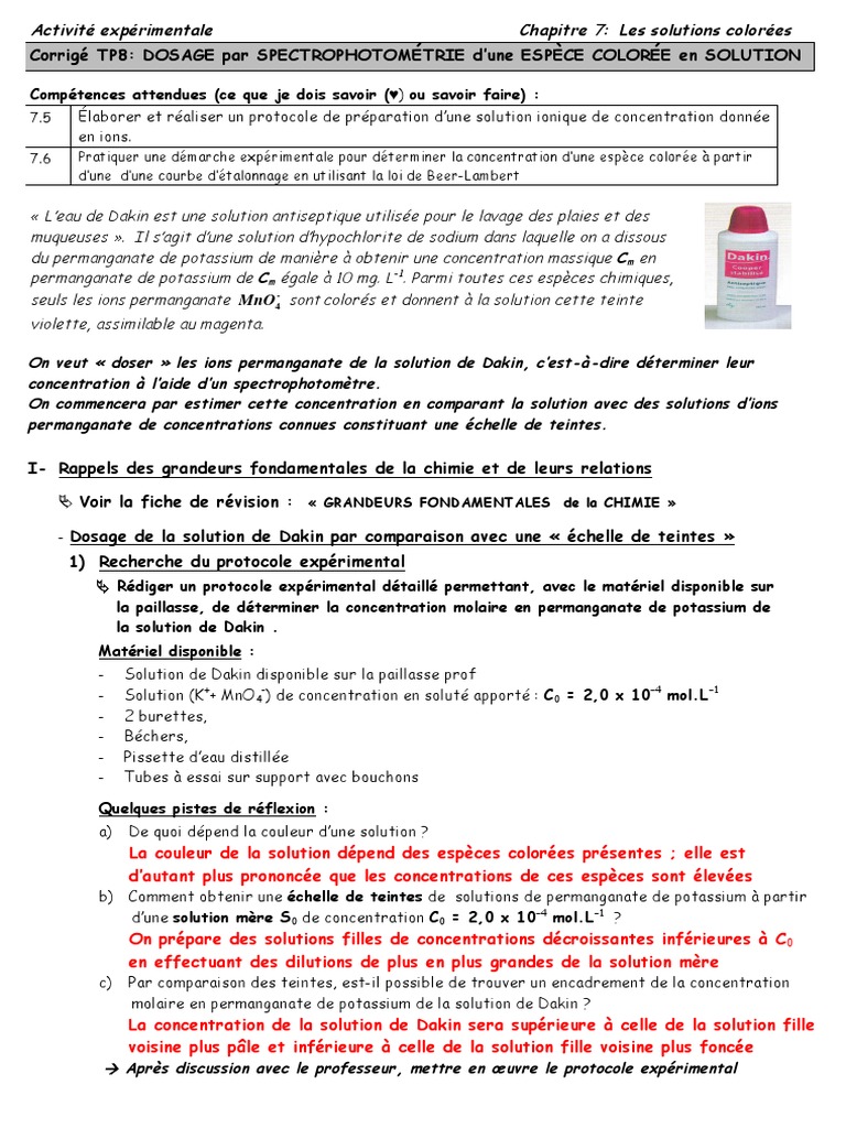 Dosage par Spectrophotométrie de Dakin PDF Chimie Chimie physique — free download