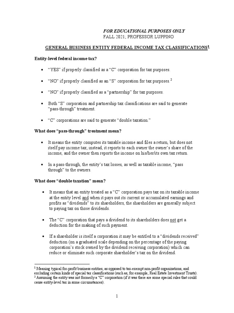 Tax Classifications Outline Fall 2021 PDF Dividend Legal Concepts