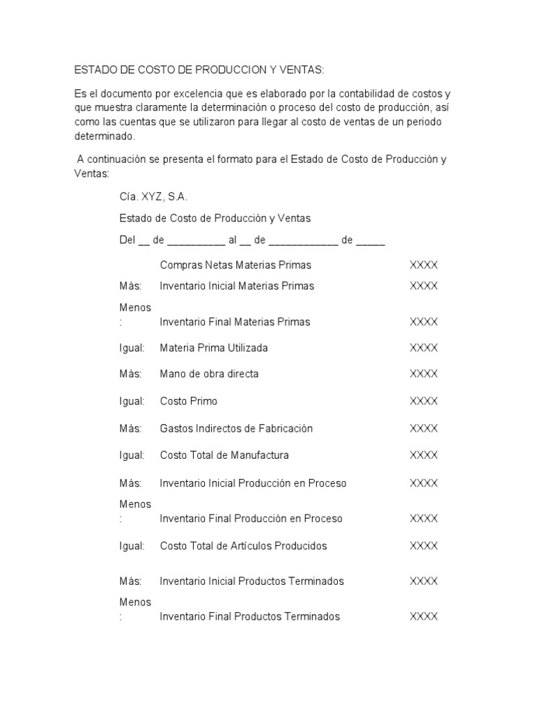 Estado de Costo de Producción y Ventas | PDF | Contabilidad de gestión ...
