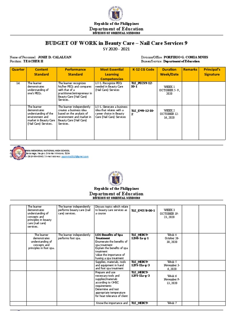 BUDGET-Of-WORK-1stQ - Docx Grade 9 BEauty and Nail Care | PDF ...