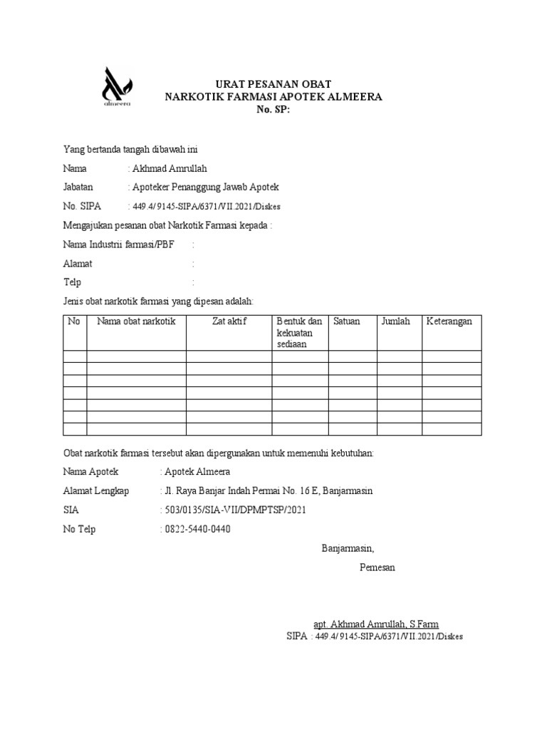 Pesanan Obat Keras Apotek Almeera | PDF