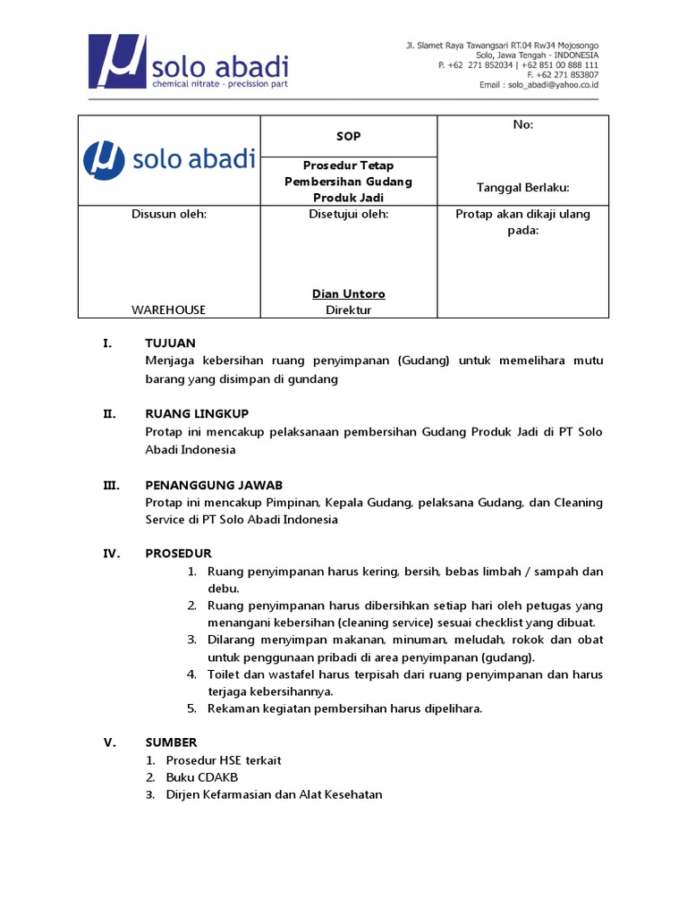 Sop Pembersihan Gudang Produk Jadi Pdf
