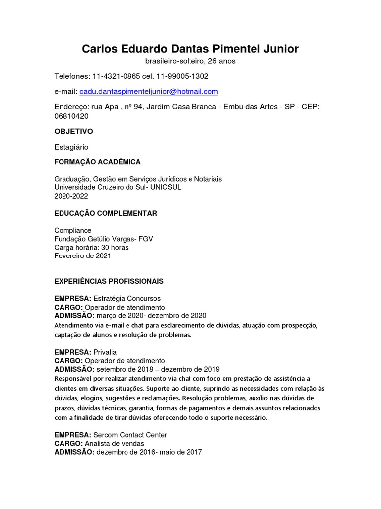 Currículo para Estágio | PDF