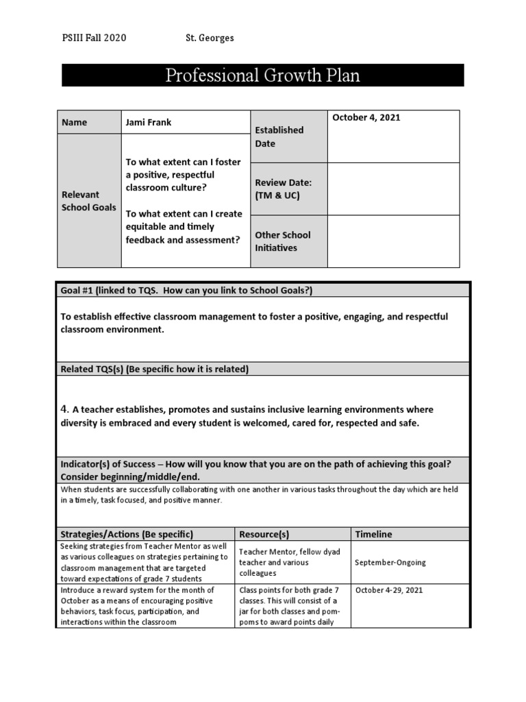 Professional Growth Plan PDF Educational Assessment Teachers